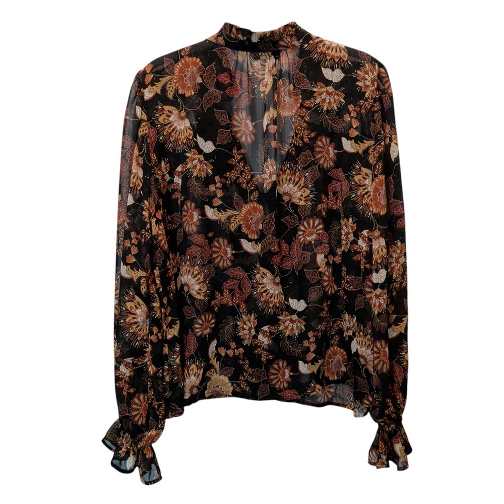 Evereve Women's Sz L Jaci Black Floral Gathered Sheer Blouse Button Up Metallic - Picture 5 of 7